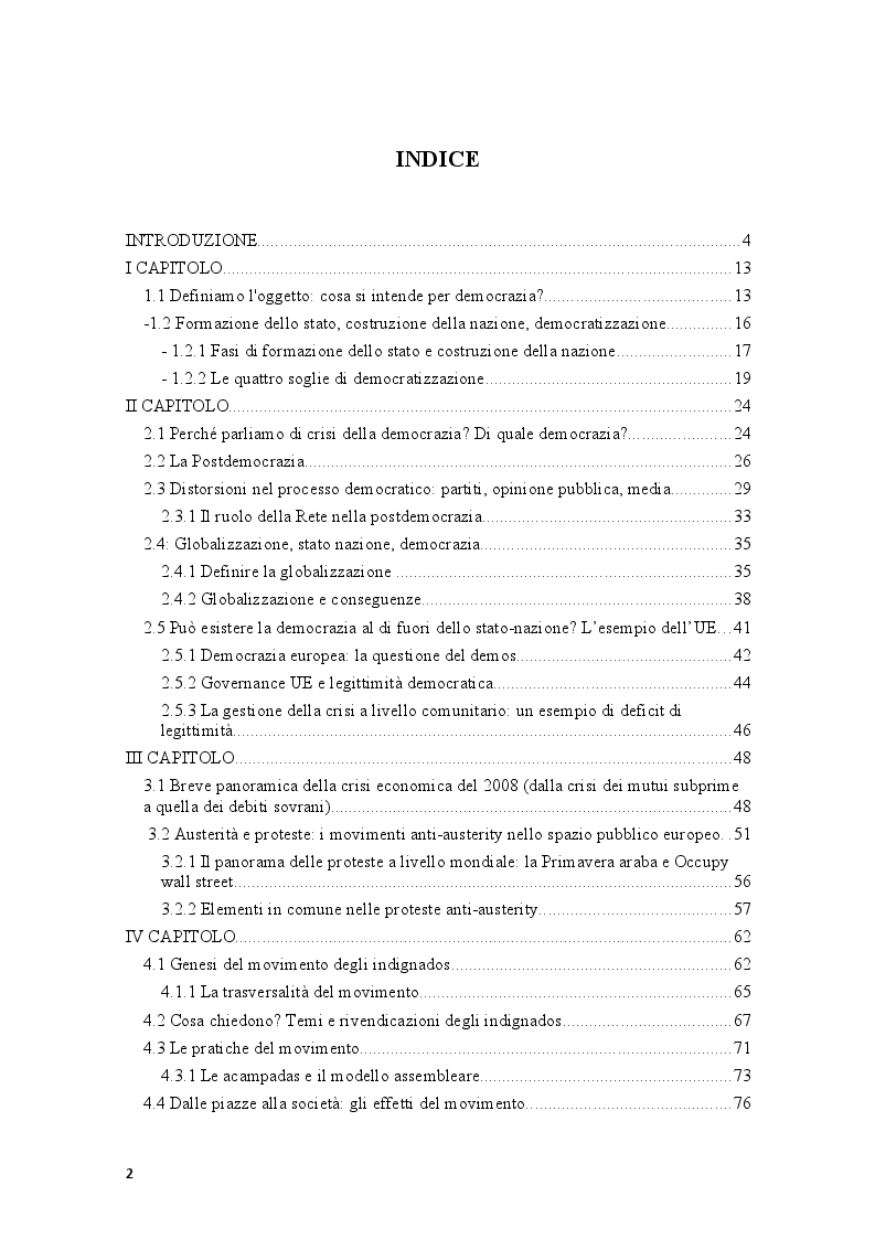 Indice della tesi: Movimenti sociali e democrazia nell'epoca della crisi: il caso degli indignados, Pagina 1
