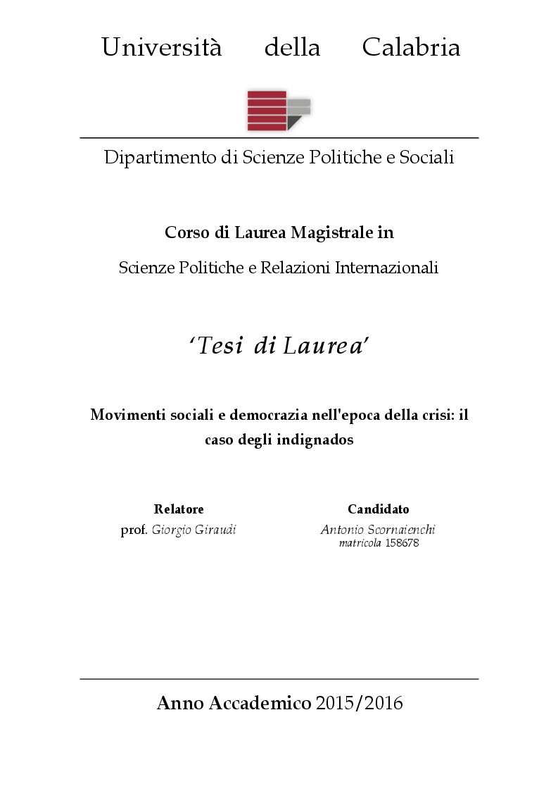Anteprima della tesi: Movimenti sociali e democrazia nell'epoca della crisi: il caso degli indignados, Pagina 1