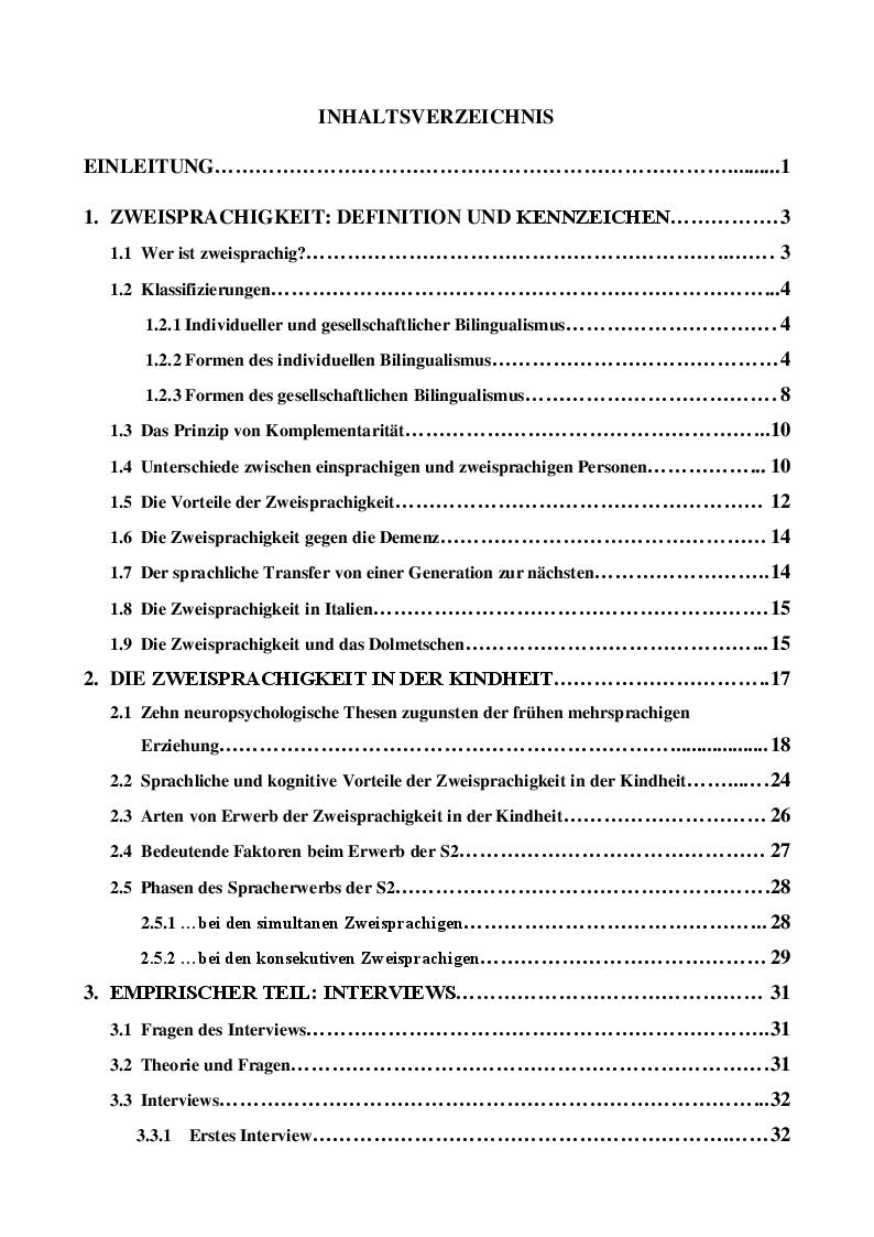 Indice della tesi: Die Zweisprachigkeit: Eine Ressource in der frühen Kindheit, Pagina 1