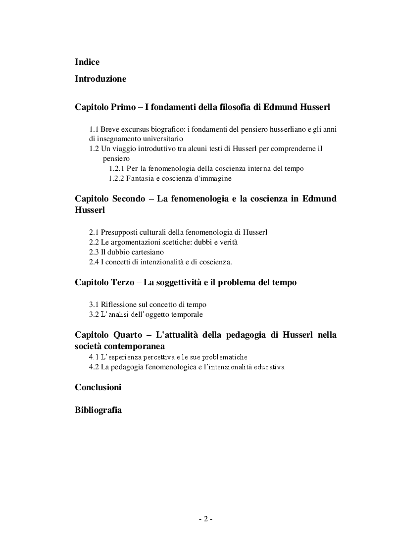 Indice della tesi: Il valore formativo della coscienza in Edmund Husserl , Pagina 1