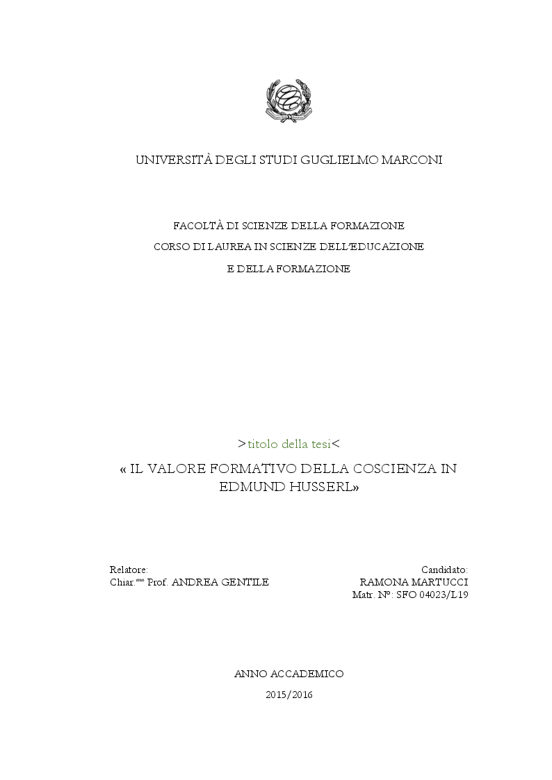 Anteprima della tesi: Il valore formativo della coscienza in Edmund Husserl , Pagina 1