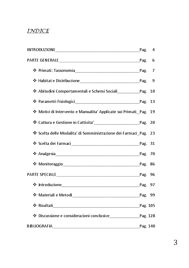 Indice della tesi: Protocolli applicabili nella pratica anestesiologica sui primati, Pagina 1