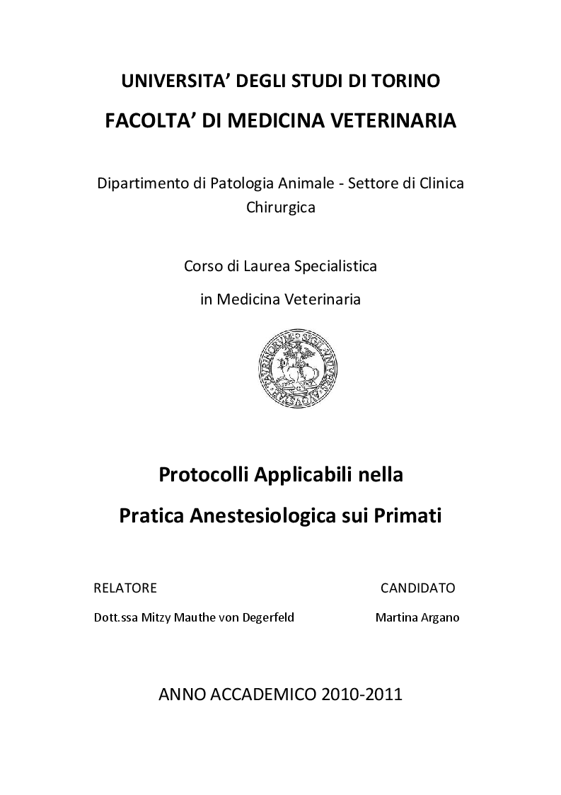 Anteprima della tesi: Protocolli applicabili nella pratica anestesiologica sui primati, Pagina 1