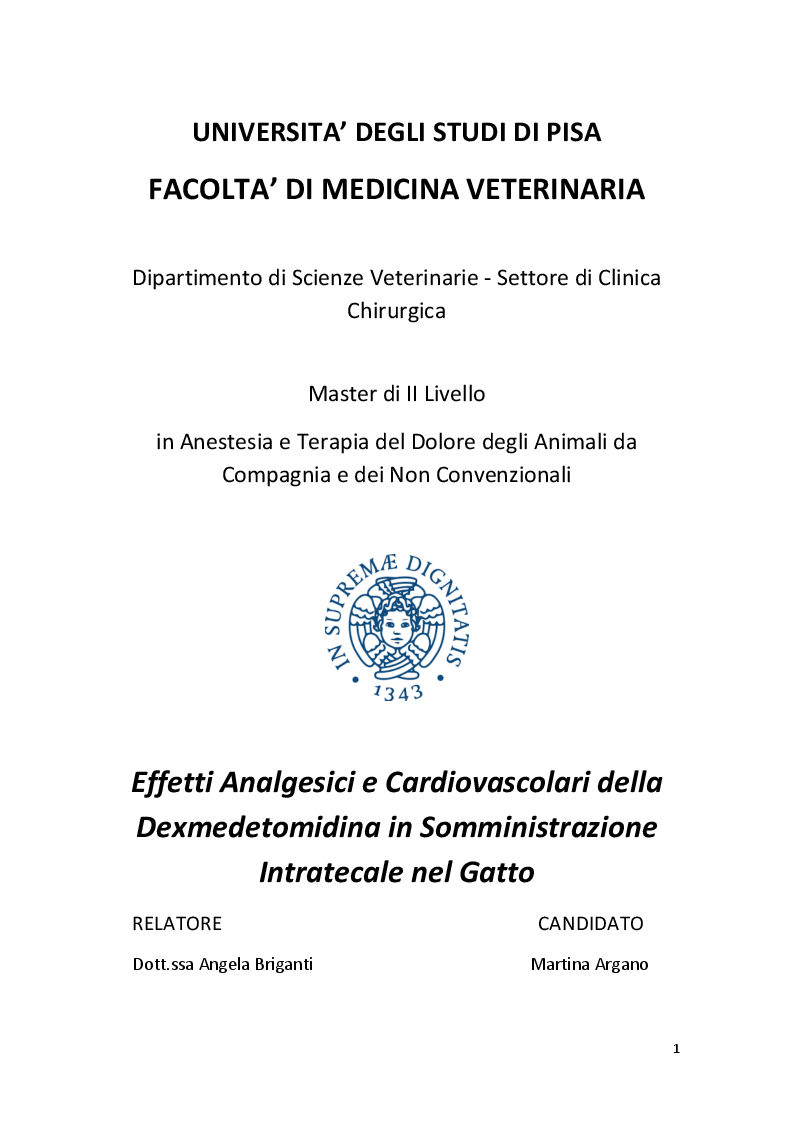 Anteprima della tesi: Effetti Analgesici e Cardiovascolari della Dexmedetomidina in Somministrazione Intratecale nel Gatto, Pagina 1