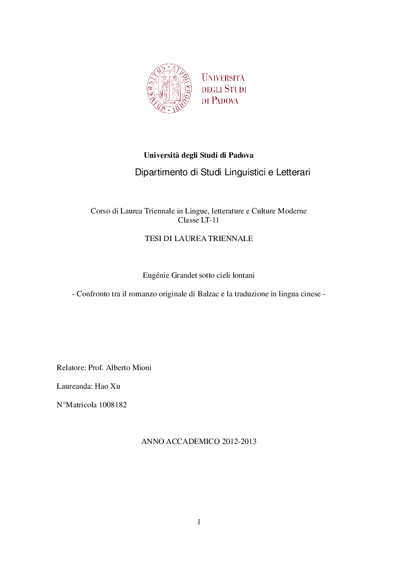 Anteprima della tesi: Eugènie Grandet sotto cieli lontani - Confronto tra il romanzo originale di Balzac e la traduzione in lingua cinese, Pagina 1