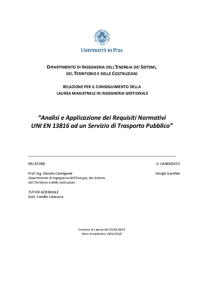 Anteprima della tesi: Analisi e Applicazione dei requisiti normativi UNI EN 13816 ad un servizio di trasporto pubblico, Pagina 1