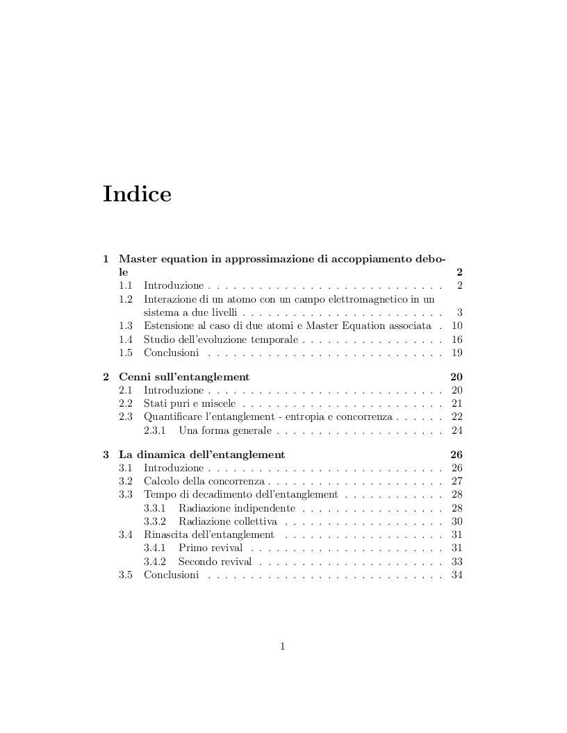 Indice della tesi: Correlazione tra due atomi mediata dal campo elettromagnetico, Pagina 1