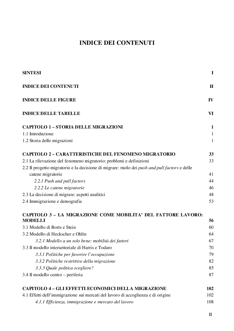 Indice della tesi: Immigrazione: aspetti economici e sociali, Pagina 1