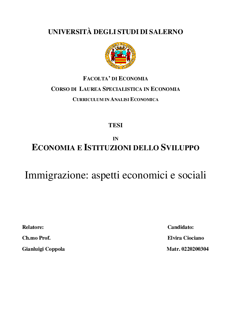 Anteprima della tesi: Immigrazione: aspetti economici e sociali, Pagina 1