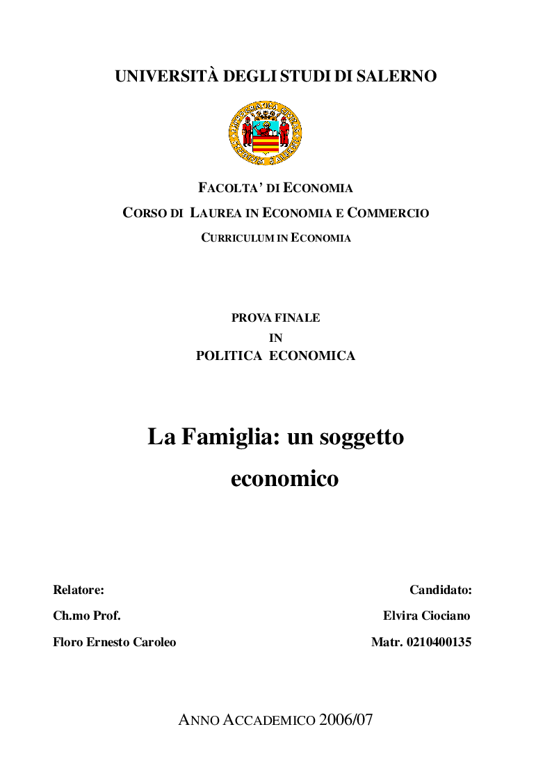 Anteprima della tesi: La Famiglia: un soggetto economico, Pagina 1