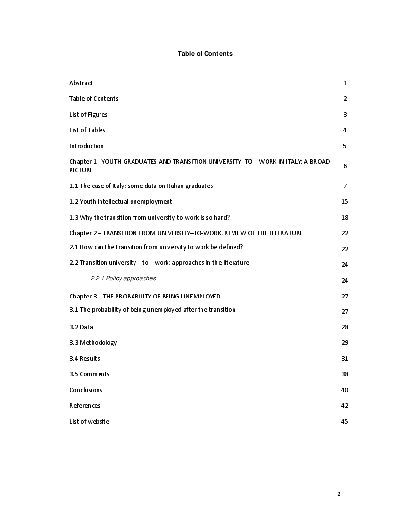 Indice della tesi: The Transition from University to Work - The case of Italy, Pagina 1