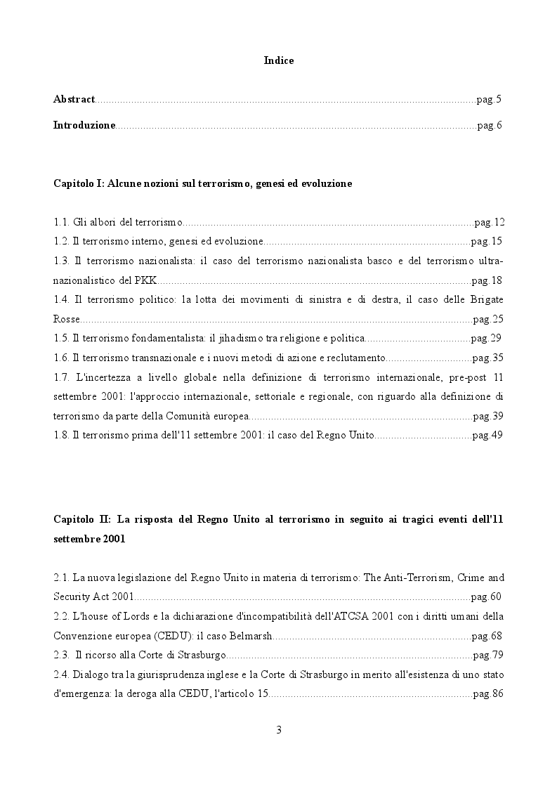 Indice della tesi: La legislazione anti-terrorismo nel Regno Unito tra sicurezza pubblica e tutela dei diritti umani, Pagina 1