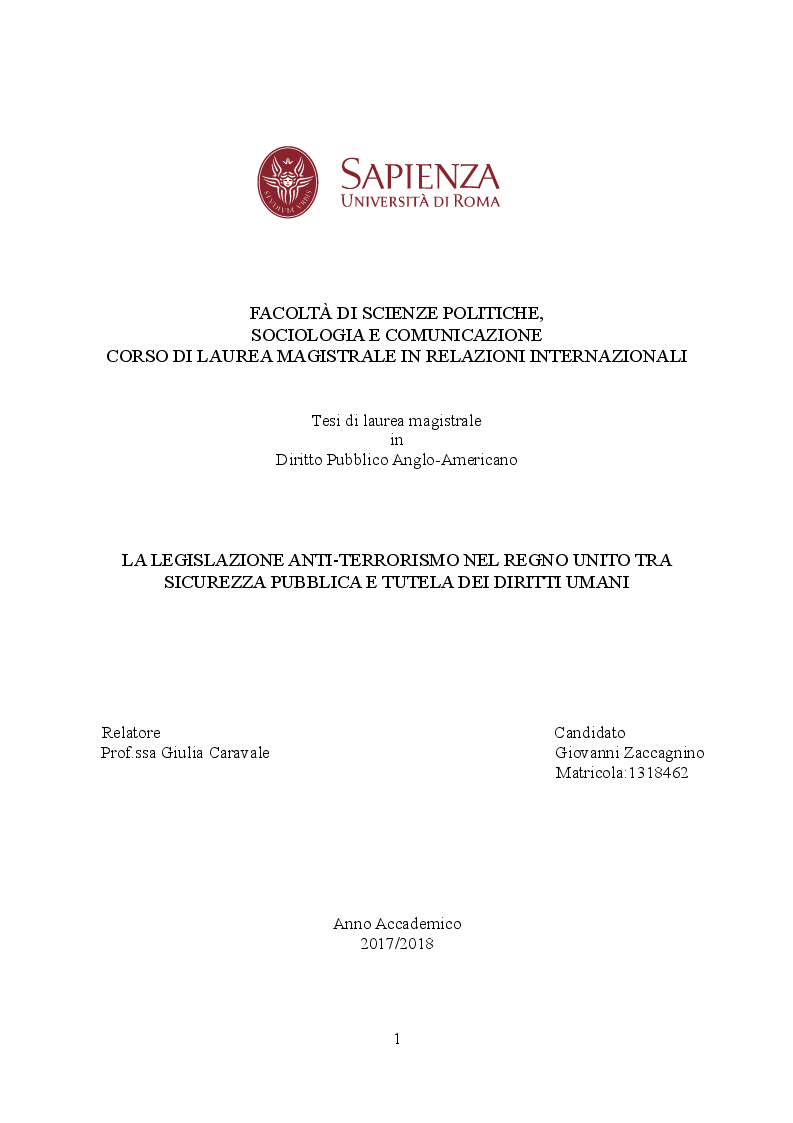 Anteprima della tesi: La legislazione anti-terrorismo nel Regno Unito tra sicurezza pubblica e tutela dei diritti umani, Pagina 1
