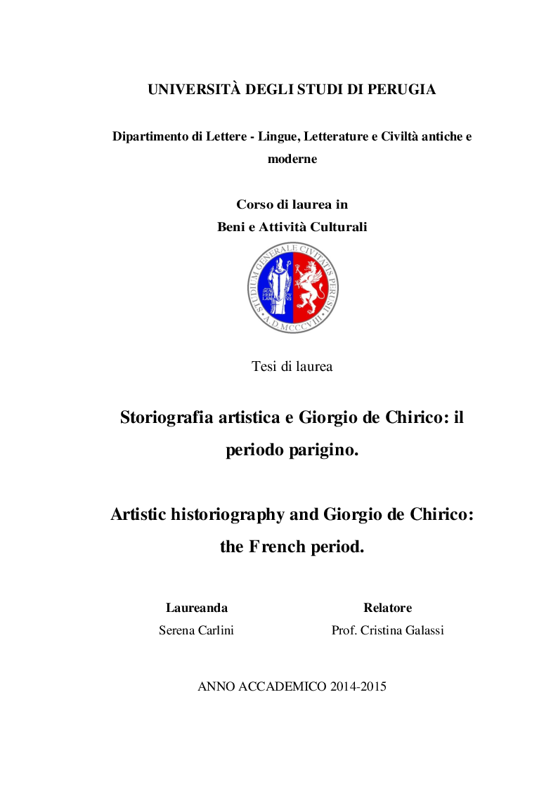Anteprima della tesi: Storiografia artistica e Giorgio de Chirico: il periodo parigino., Pagina 1