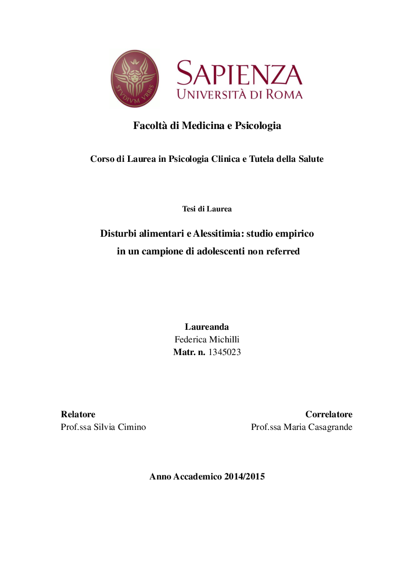 Anteprima della tesi: Disturbi alimentari e Alessitimia: studio empirico in un campione di adolescenti non referred, Pagina 1