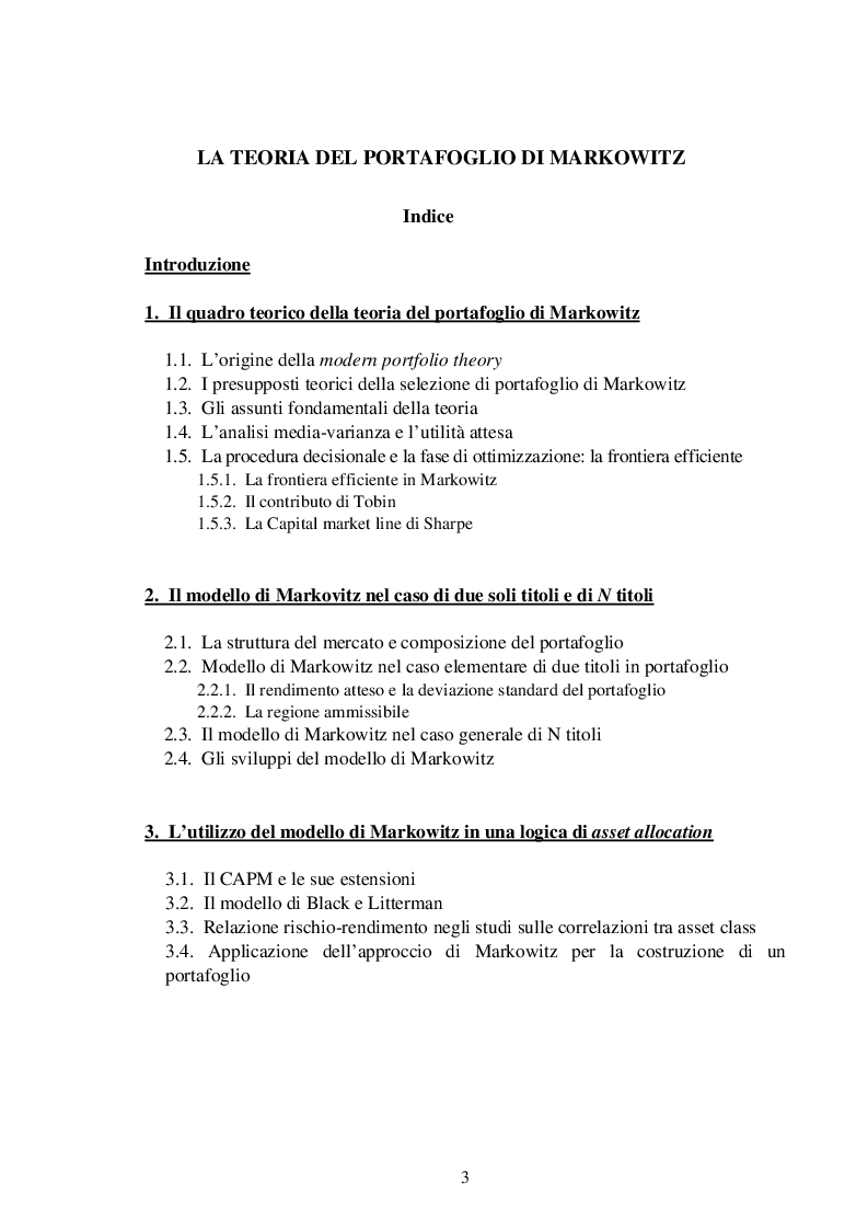 Indice della tesi: La teoria del portafoglio di Markowitz, Pagina 1
