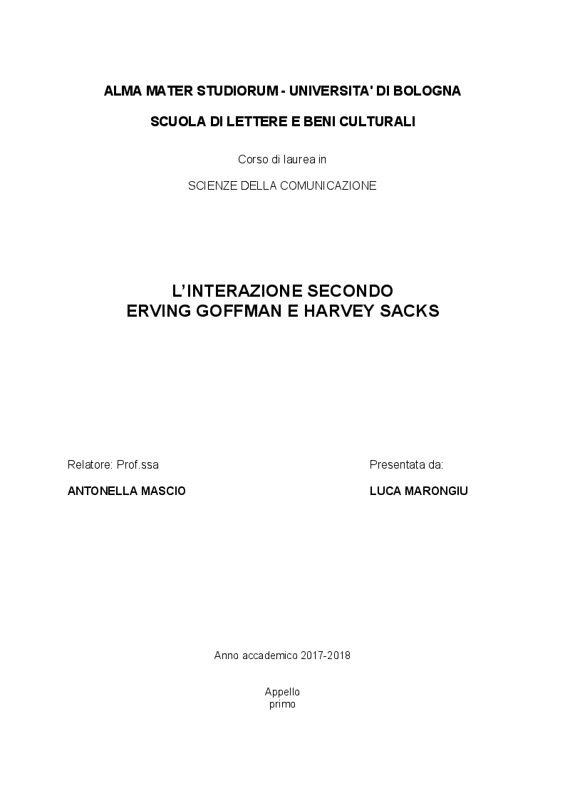 Anteprima della tesi: L'interazione secondo Erving Goffman e Harvey Sacks, Pagina 1