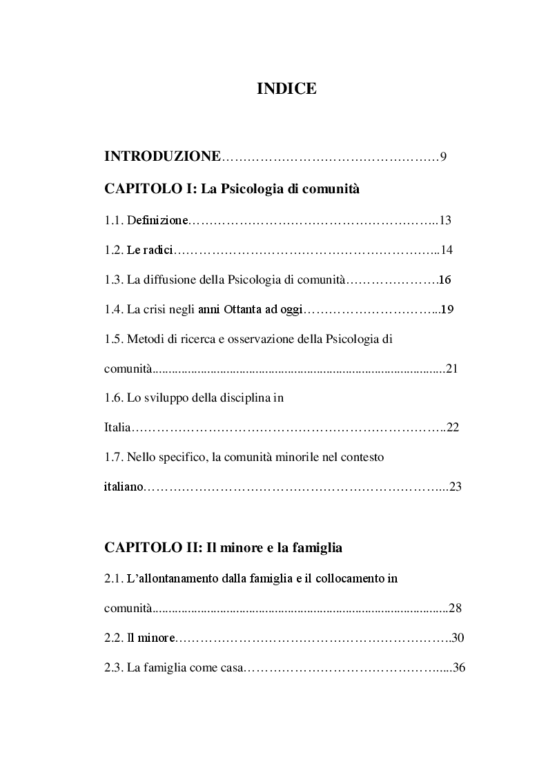 Indice della tesi: La relazione educativa nelle comunità per minori e il legame con la famiglia d'origine, Pagina 1