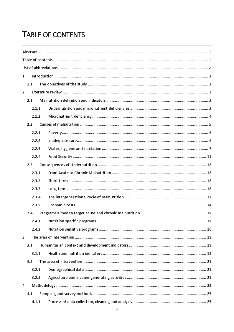 Indice della tesi: Baseline analysis of the underlying causes of child undernutrition in eight health-areas of Luisa - Central Kasai, Democratic Republic of Congo, Pagina 1