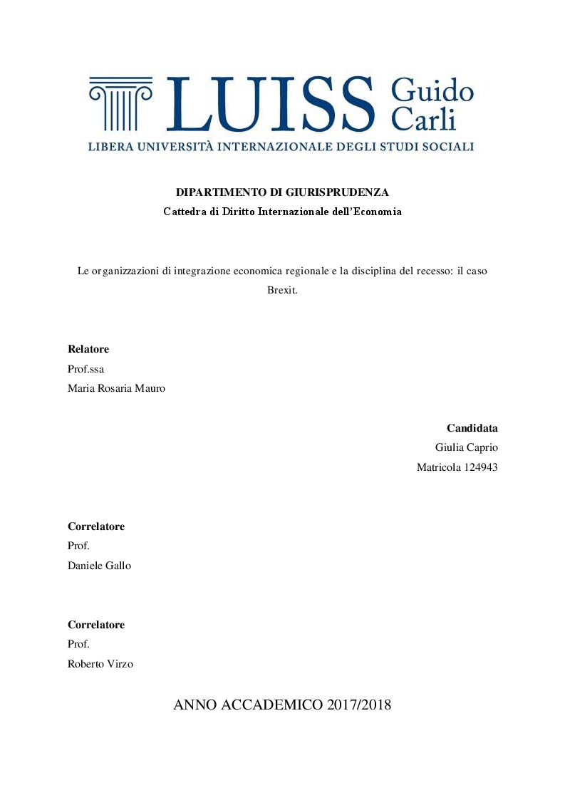 Anteprima della tesi: Le organizzazioni di integrazione economica regionale e la disciplina del recesso: il caso Brexit, Pagina 1
