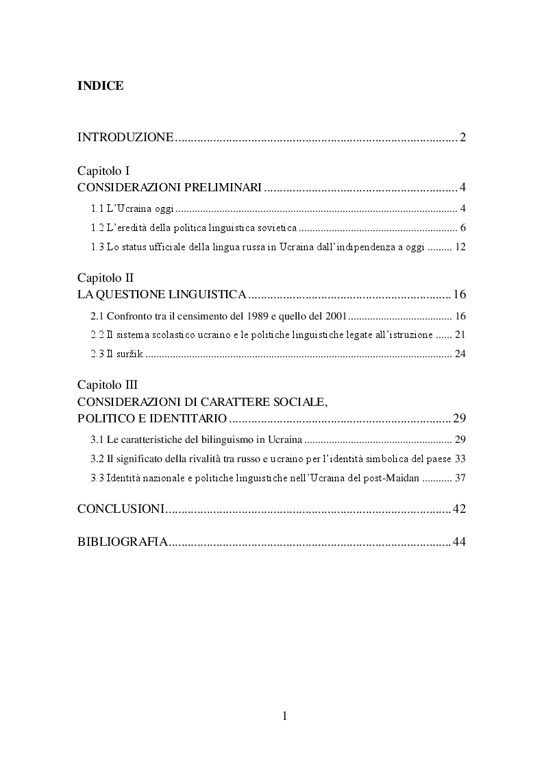 Indice della tesi: La questione linguistica in Ucraina, Pagina 1