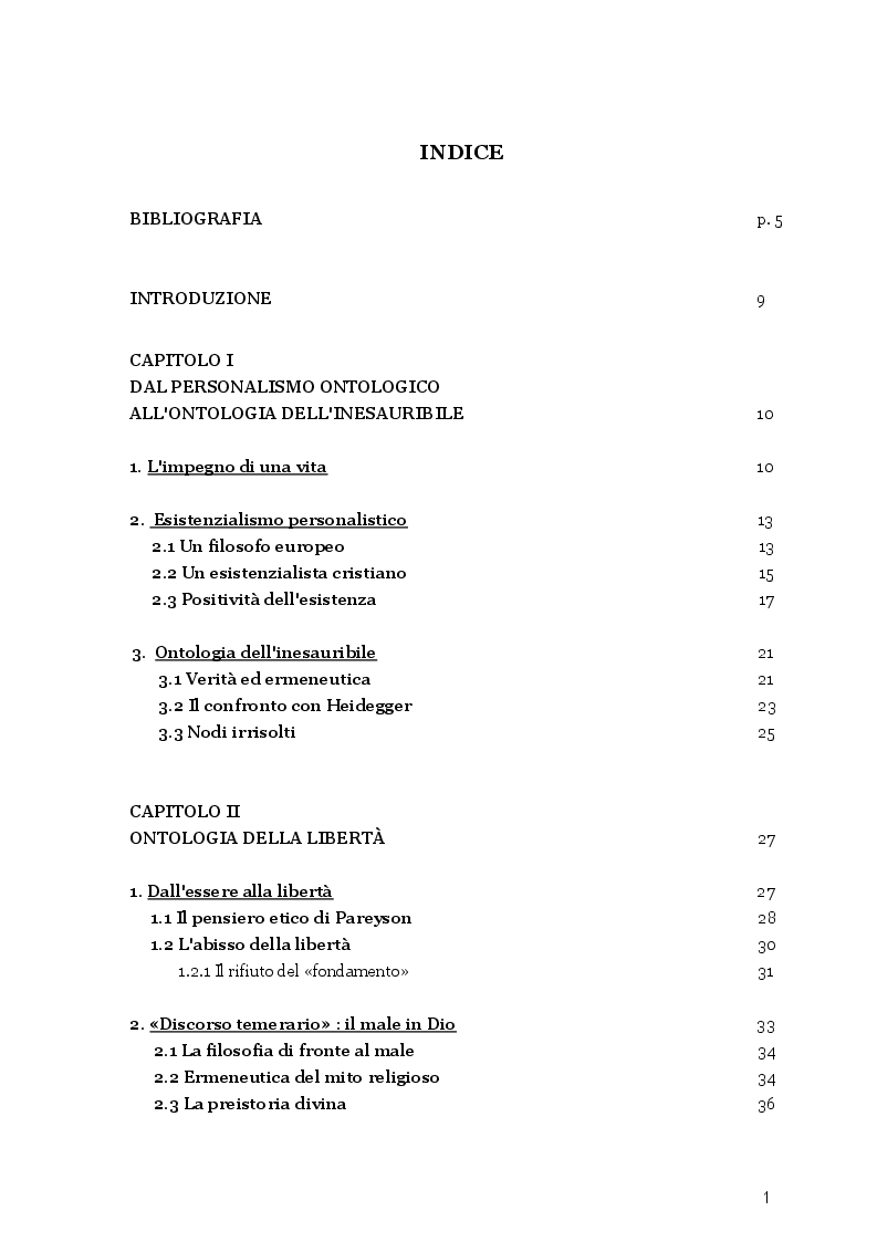 Indice della tesi: La libertà del male, il male della libertà. Una riflessione sul pensiero tragico di Luigi Pareyson in rapporto alla testimonianza biblica, Pagina 1