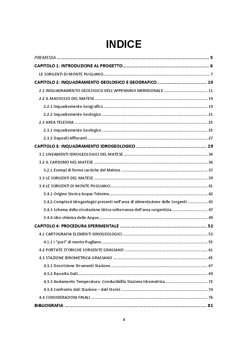 Indice della tesi: Elementi Idrogeologici delle Sorgenti di Monte Pugliano (Valle Telesina, BN), Pagina 1