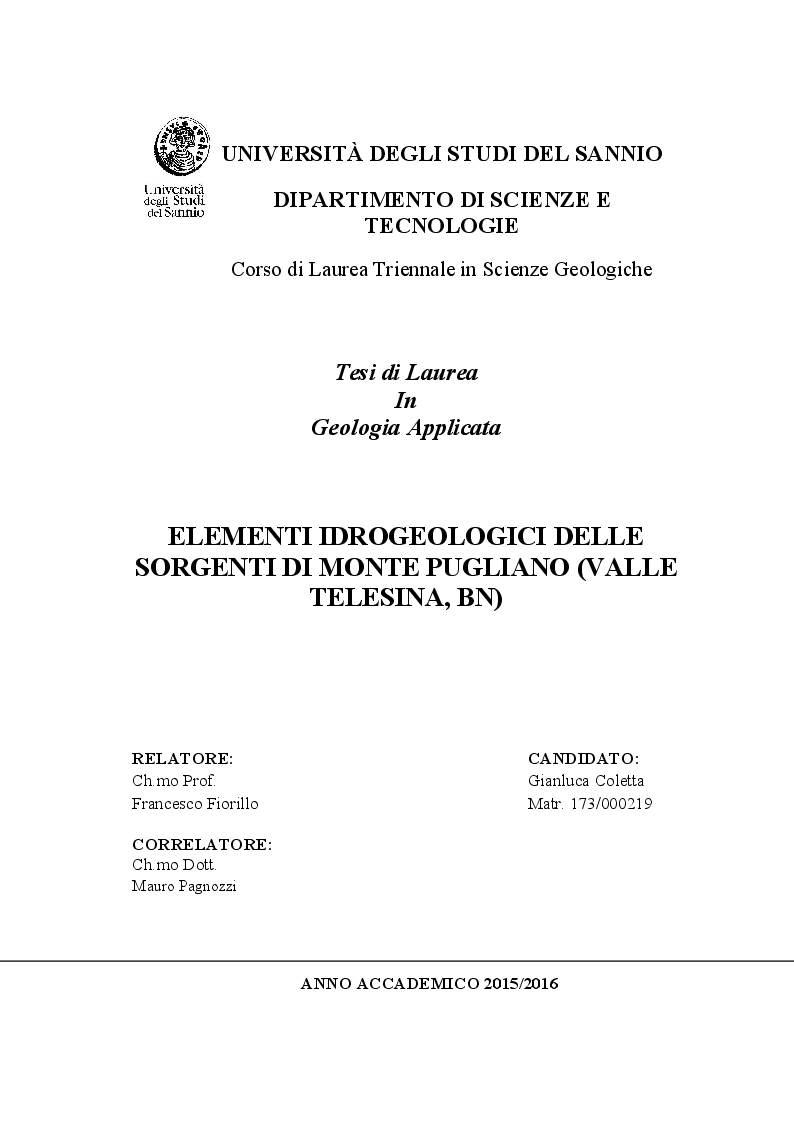 Anteprima della tesi: Elementi Idrogeologici delle Sorgenti di Monte Pugliano (Valle Telesina, BN), Pagina 1
