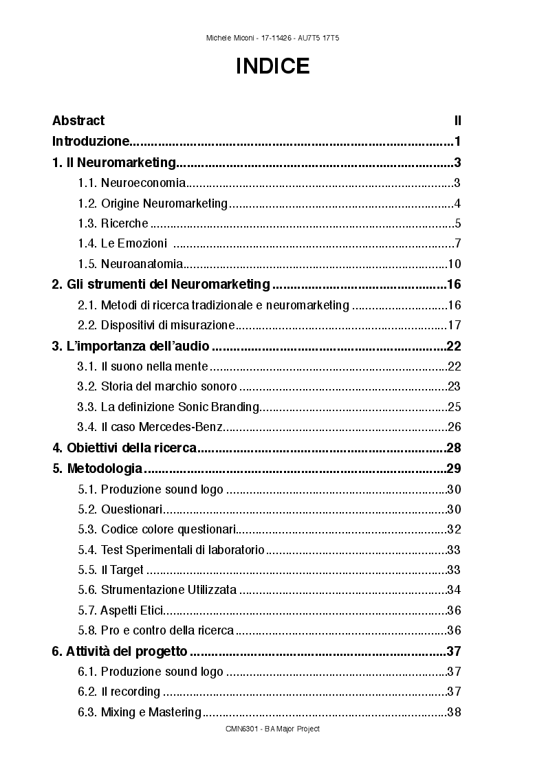 Indice della tesi: Sonic Branding: percezione sonora nell'era emozionale, Pagina 1