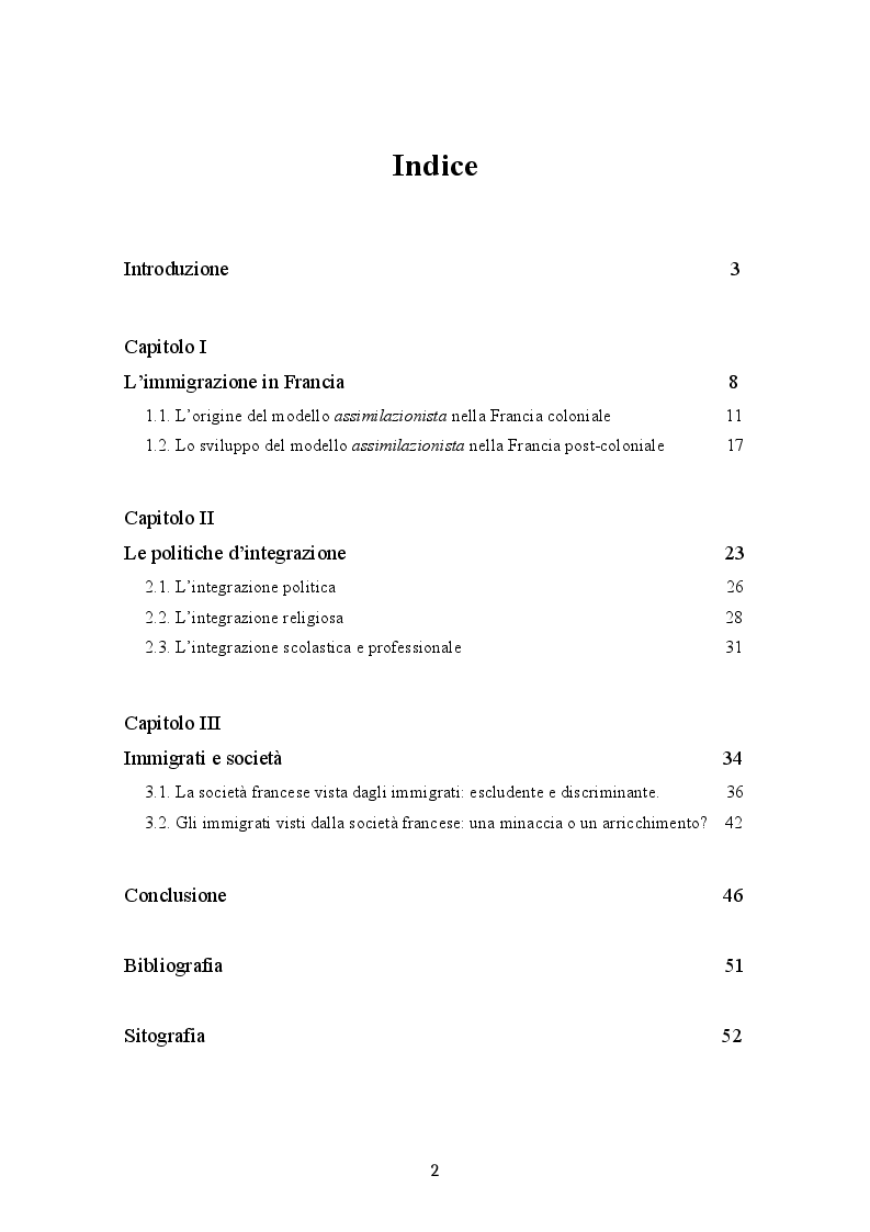 Indice della tesi: La crisi del modello assimilazionista in Francia, Pagina 1