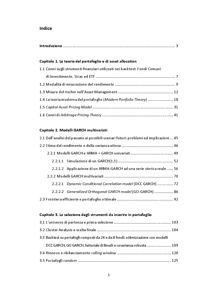 Indice della tesi: Gestione multiperiodale del portafoglio: una strategia di investimento basata sulla Cluster Analysis e su processi GARCH multivariati, Pagina 1