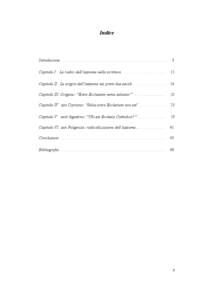 Indice della tesi: Origini patristiche dell’assioma "Extra Ecclesiam nulla salus", Pagina 1