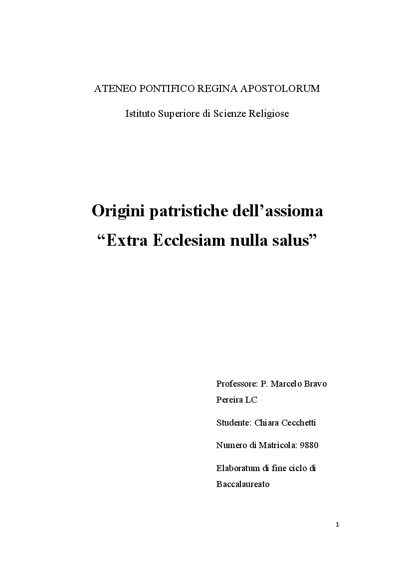 Anteprima della tesi: Origini patristiche dell’assioma "Extra Ecclesiam nulla salus", Pagina 1