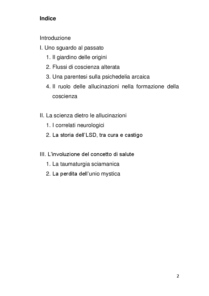 Indice della tesi: Alterazioni di coscienza: tra scienza e misticismo, Pagina 1
