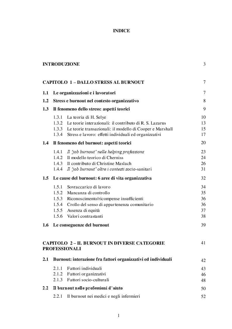 Indice della tesi: IL BURNOUT - Stress emotivo nelle professioni d'aiuto, Pagina 1