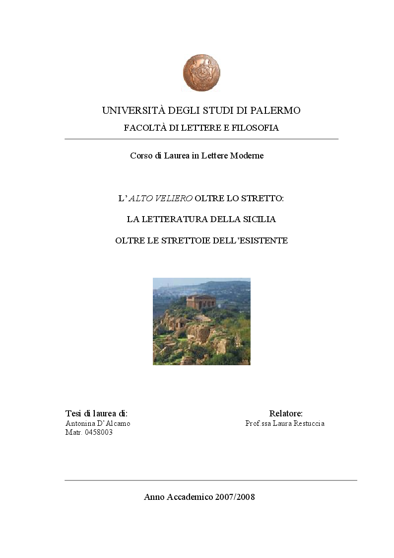 Anteprima della tesi: L'Alto Veliero oltre lo Stretto: la letteratura della Sicilia oltre le strettoie dell'esistente., Pagina 1