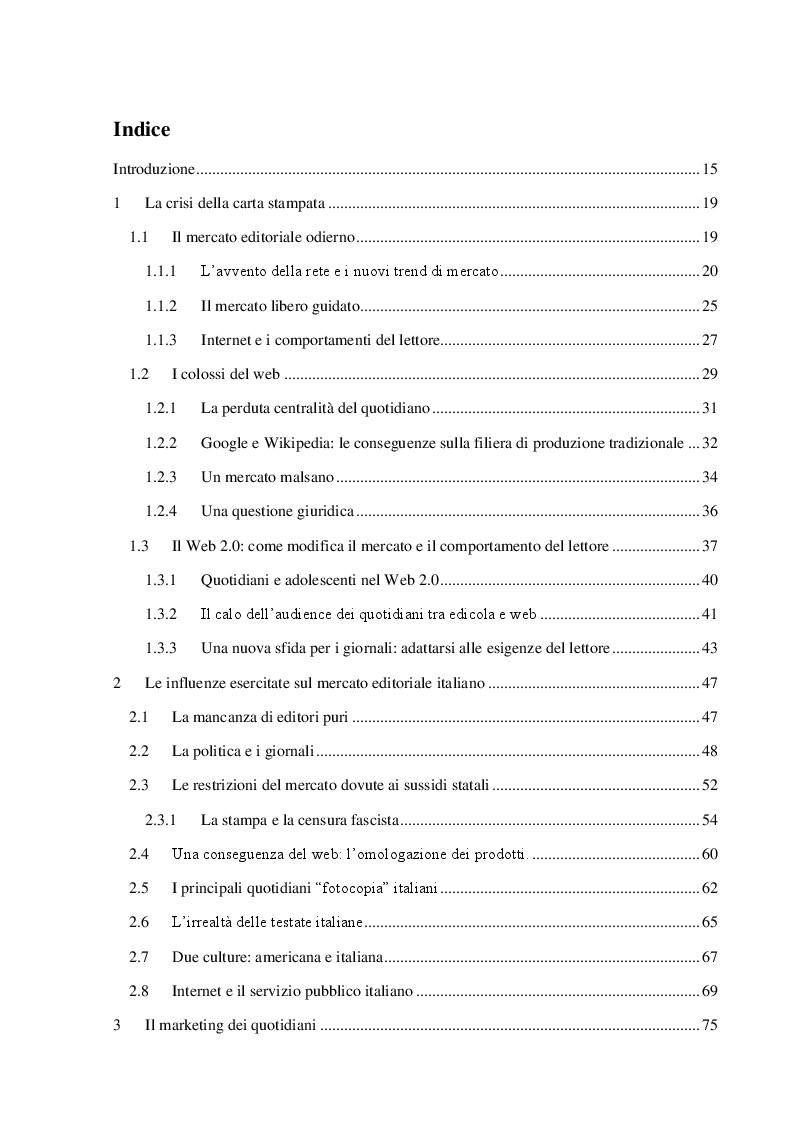 Indice della tesi: Un nuovo modello di business per i quotidiani. Il caso “S.E.E – il Giornale”, Pagina 1