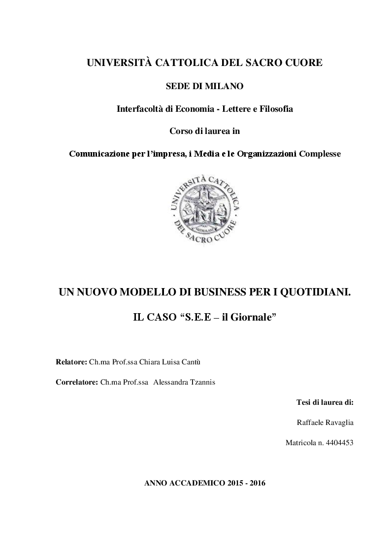 Anteprima della tesi: Un nuovo modello di business per i quotidiani. Il caso “S.E.E – il Giornale”, Pagina 1