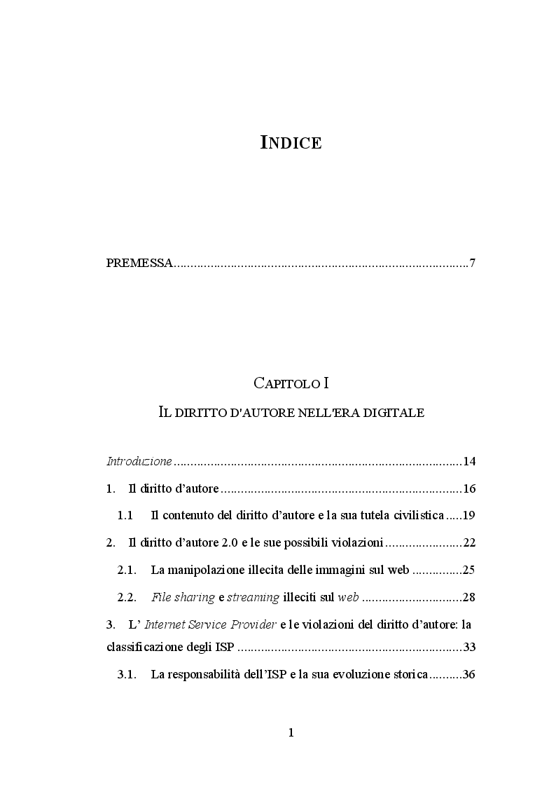 Indice della tesi: Le immagini ed il diritto d'autore sul web, Pagina 1