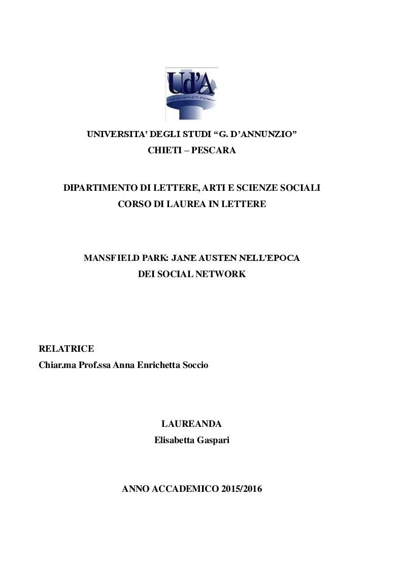 Anteprima della tesi: Mansfield Park: Jane Austen nell'epoca dei social network, Pagina 1