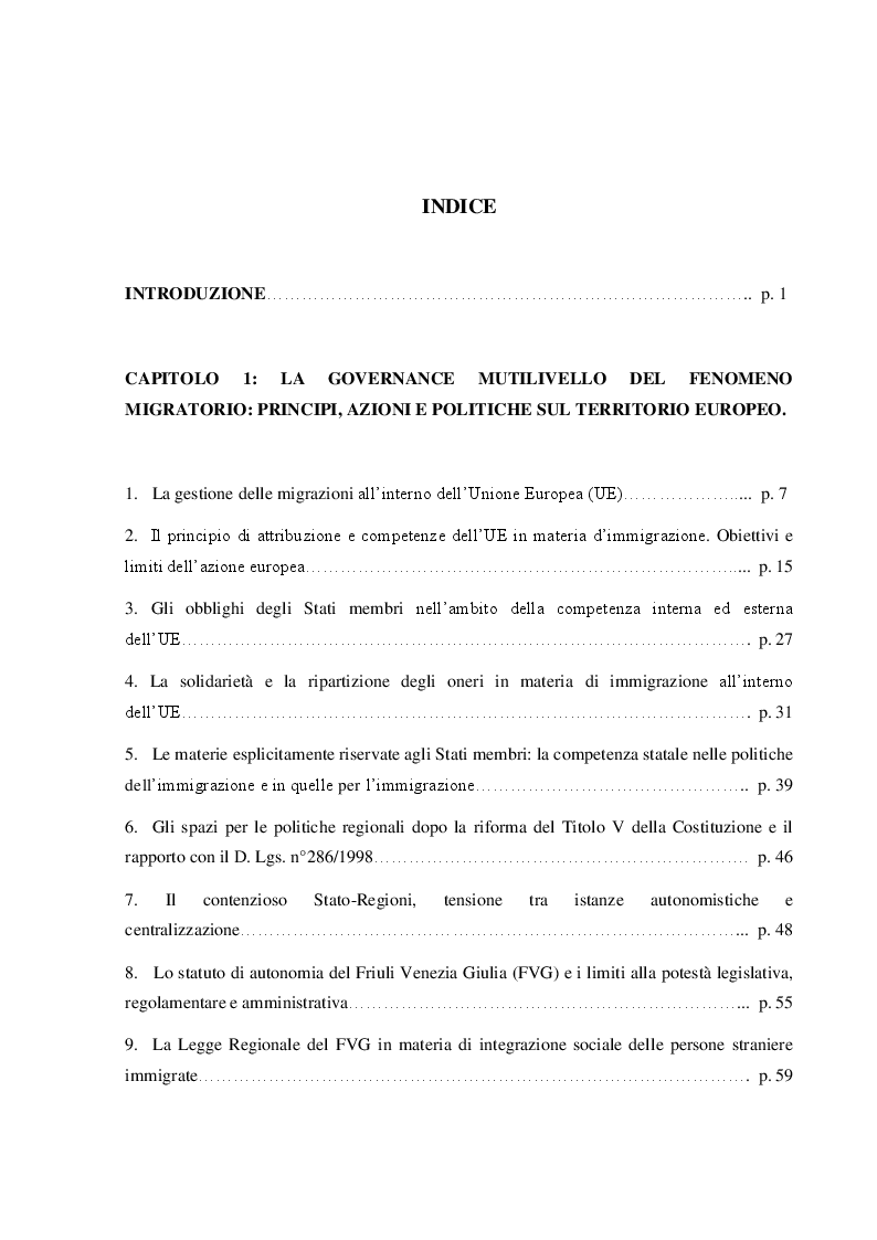 Indice della tesi: Il Friuli Venezia Giulia e l’attuazione della normativa dell’UE in tema di accoglienza ed integrazione dei migranti, alla luce della ripartizione delle competenze tra Stato e Regioni, Pagina 1