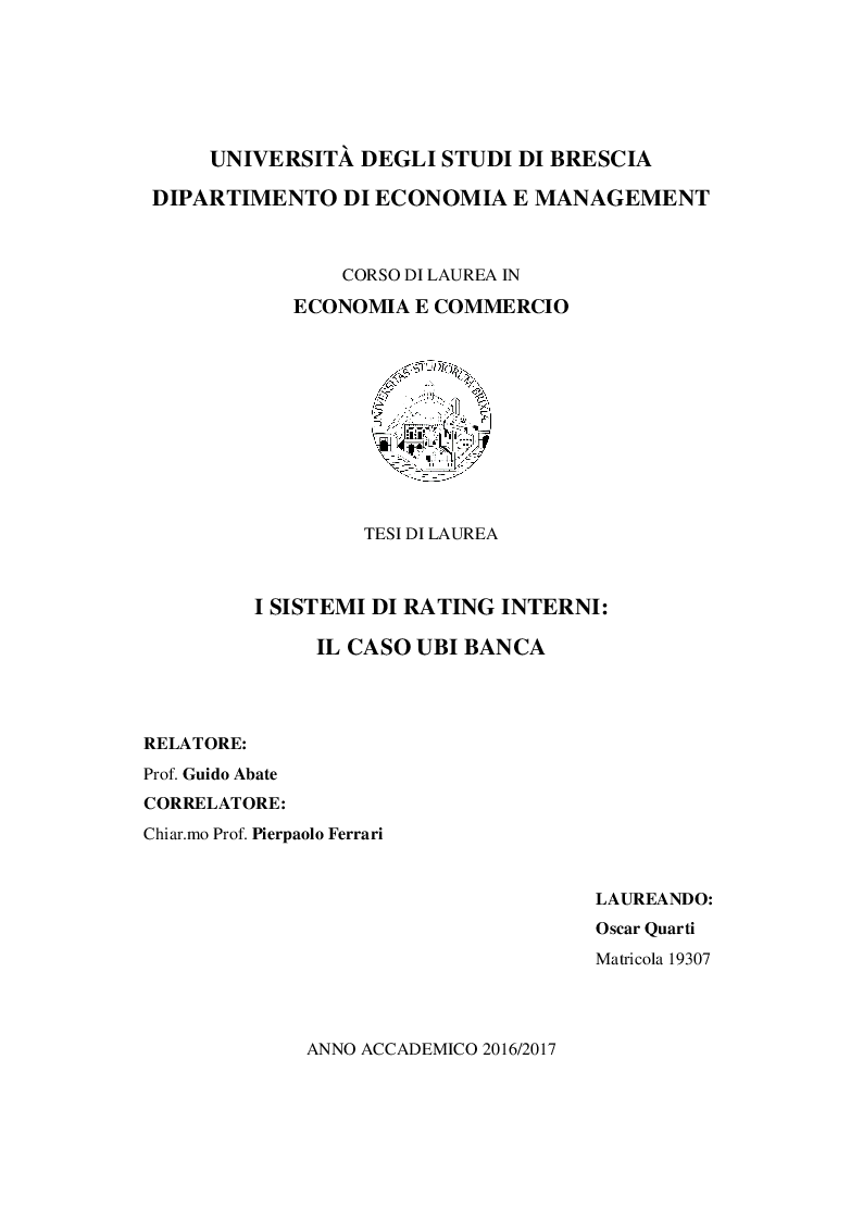 Anteprima della tesi: I Sistemi di Rating Interni: Il caso UBI Banca, Pagina 1