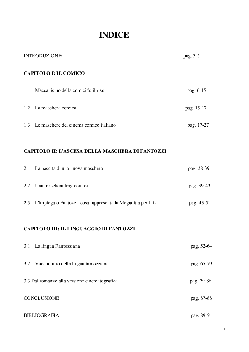 Indice della tesi: Viaggio all'interno della maschera comica: il linguaggio di Fantozzi, Pagina 1