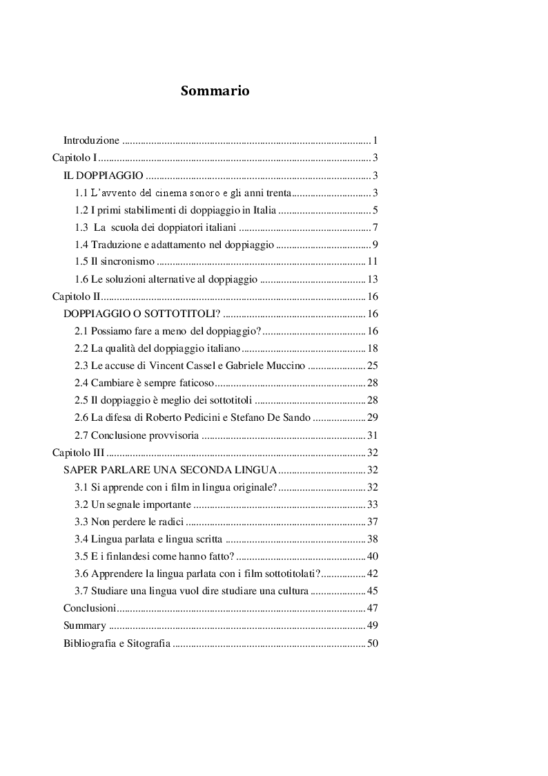 Indice della tesi: DOPPIAGGIO O SOTTOTITOLAZIONE - Una scelta nell'apprendimento delle lingue straniere, Pagina 1