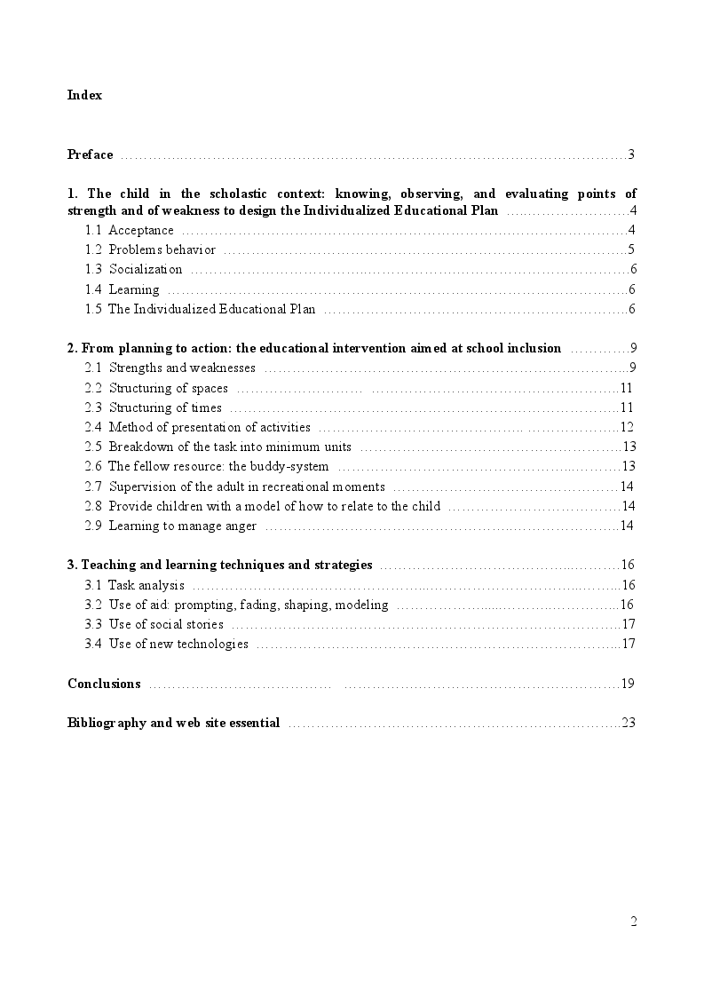 Indice della tesi: Teaching Strategies for High Quality Inclusion: a Field Experience, Pagina 1