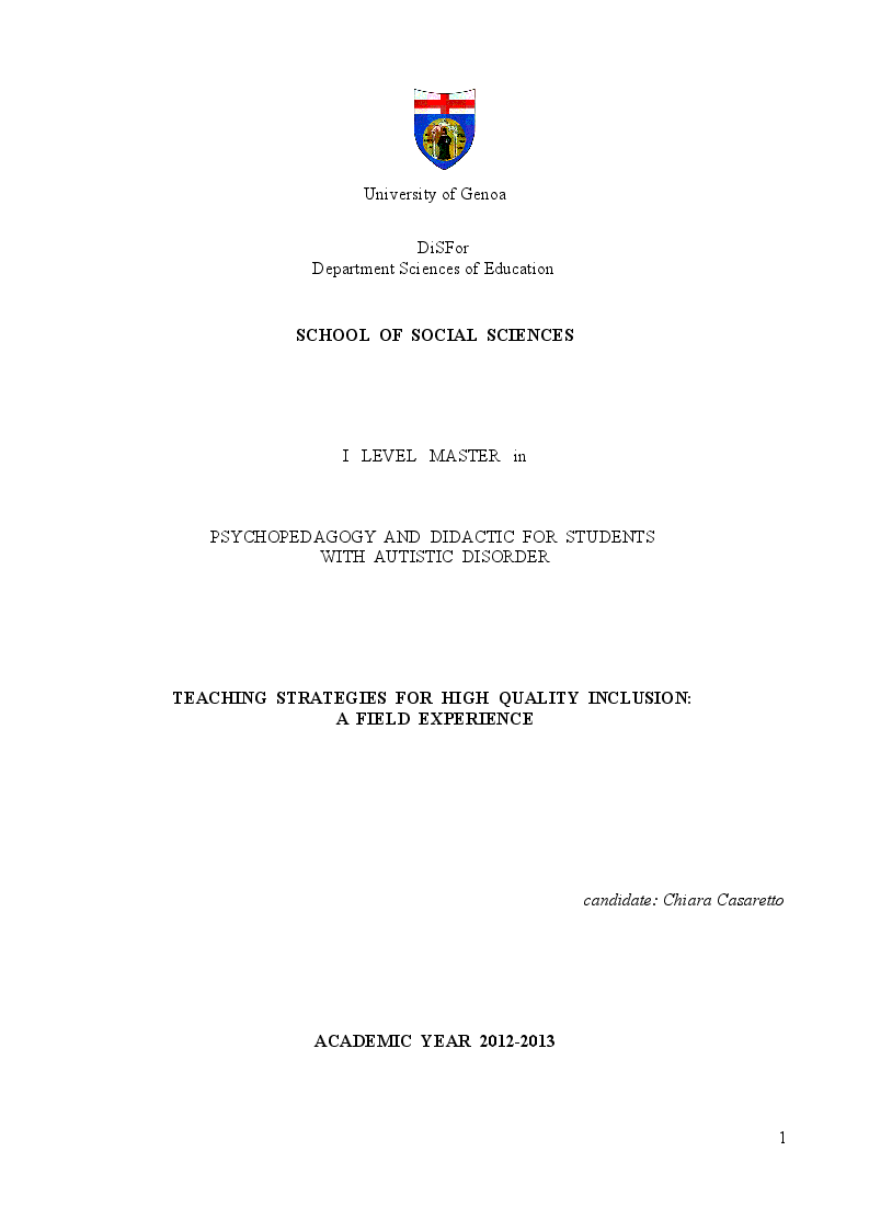 Anteprima della tesi: Teaching Strategies for High Quality Inclusion: a Field Experience, Pagina 1