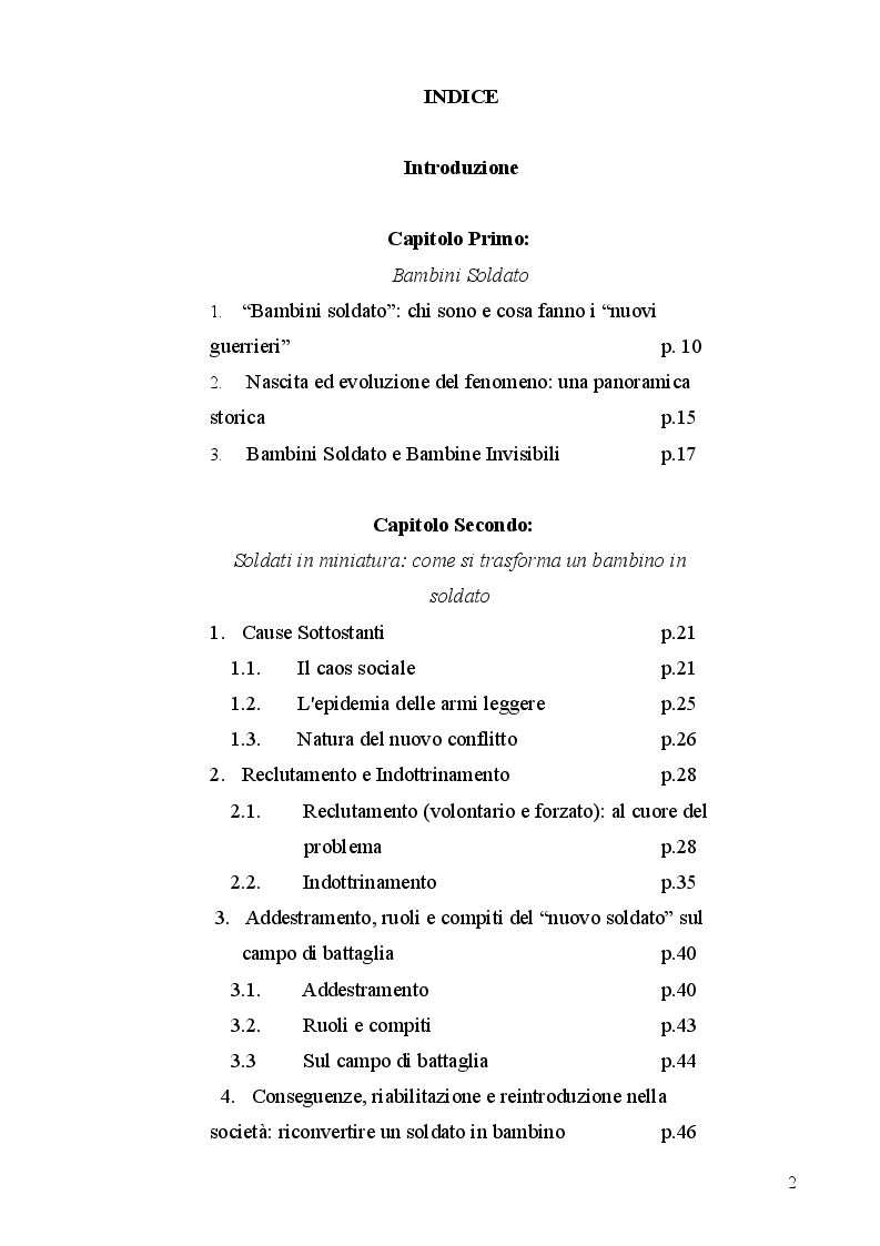 Indice della tesi: Bambini Soldato: L'infanzia violata. Fenomenologia del problema globale dei "Child Soldiers", Pagina 1