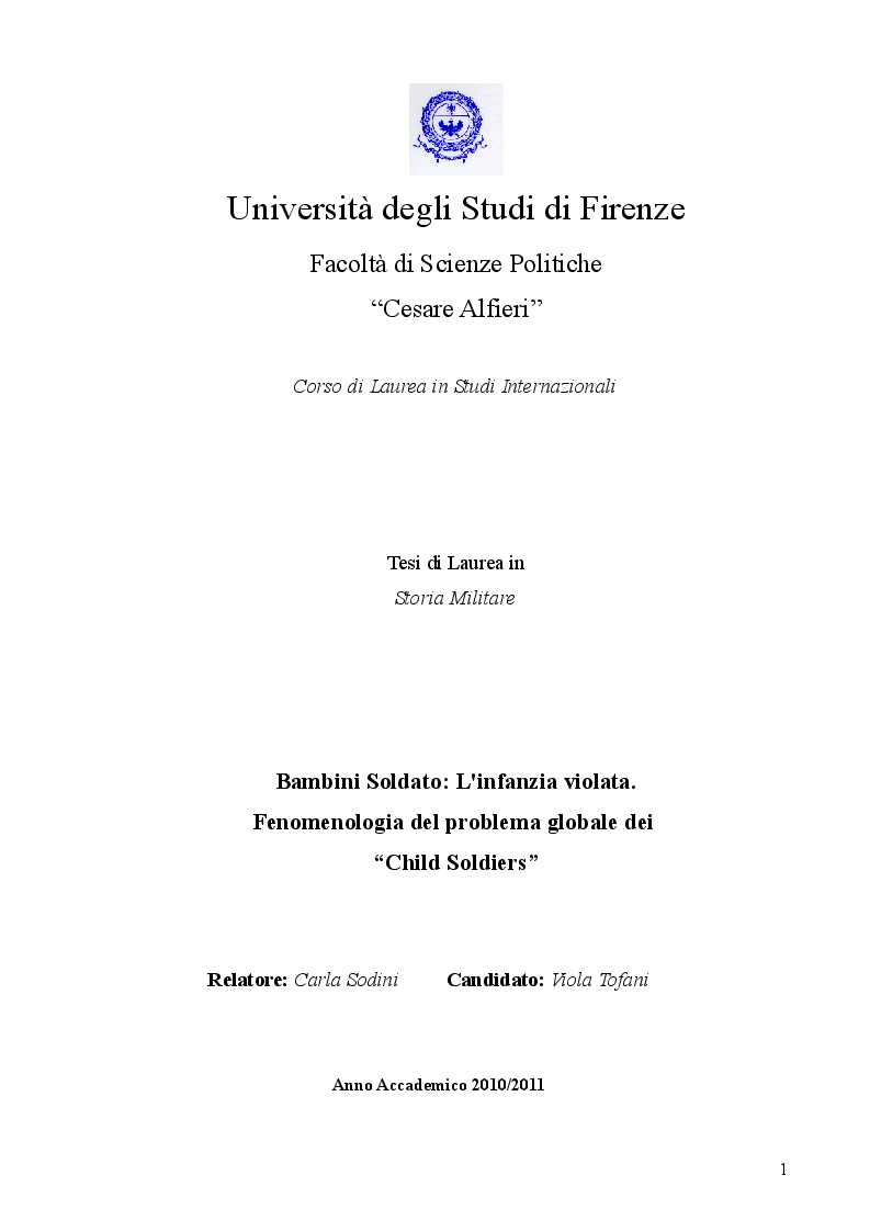 Anteprima della tesi: Bambini Soldato: L'infanzia violata. Fenomenologia del problema globale dei "Child Soldiers", Pagina 1