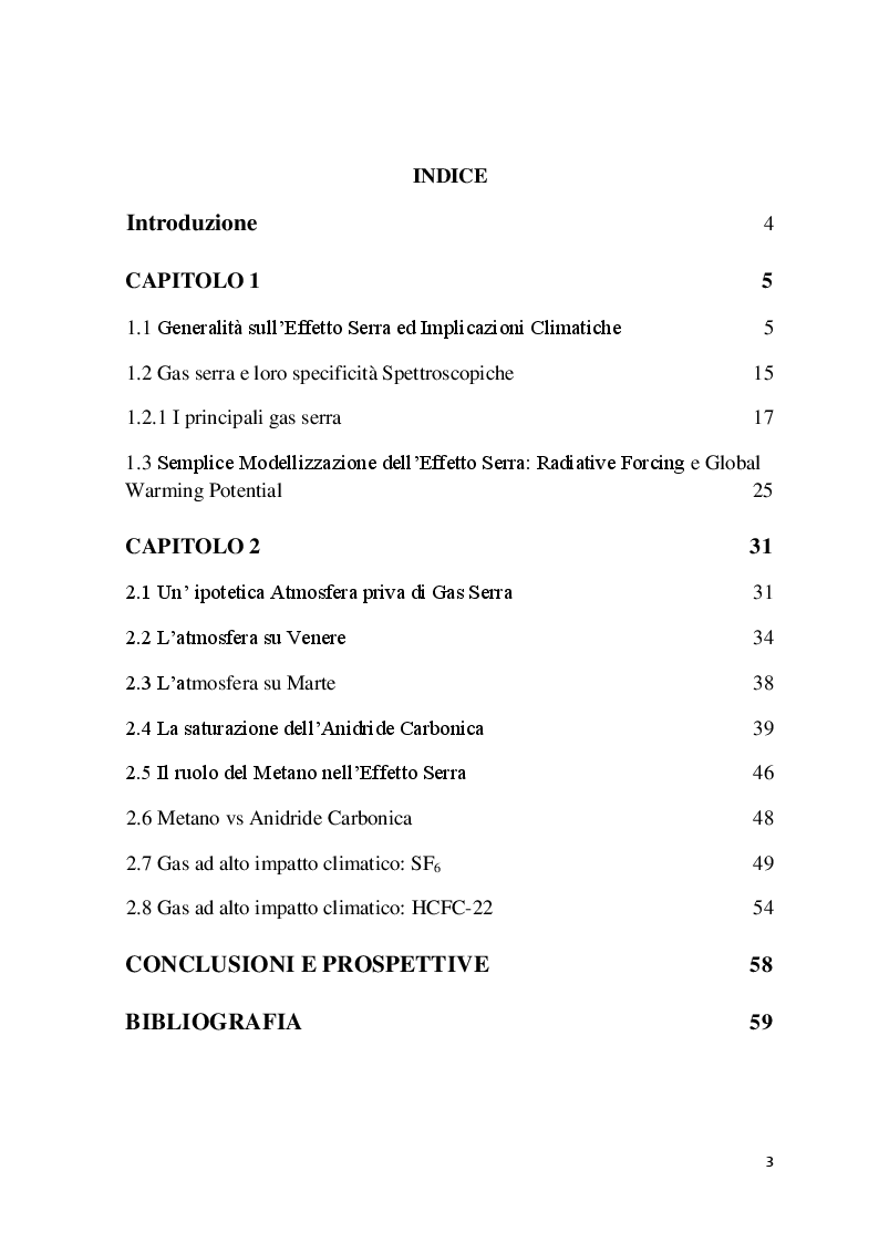 Indice della tesi: Chimica dell’Atmosfera: Implicazioni Spettroscopiche nella Modellizzazione dell’ “Effetto Serra”, Pagina 1