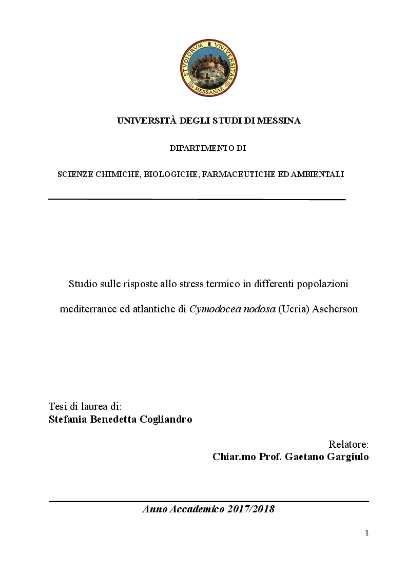Anteprima della tesi: Studio sulle risposte allo stress termico in differenti popolazioni mediterranee ed atlantiche di Cymodocea nodosa (Ucria) Ascherson, Pagina 1